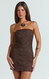 Tamika Mini Dress - Crochet Strapless Bodycon Dress in Chocolate