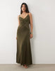 Plisse Contrast V Neck Maxi Dress With Open Back In Dark Olive