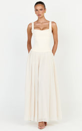 Amoura Maxi Dress - Square Neck Contrast Pleated Georgette Dress in Cream
