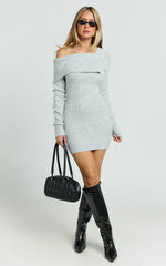 Tess Mini Dress - Asymmetric Off Shoulder Long Sleeve Knit Dress in Light Grey Marl