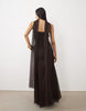 Lace & Beads Mesh Strapless Ruched Scarf Detail Maxi Dress In Chocolate Plum