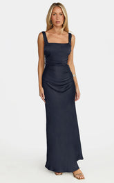 Rumi Midi Dress - Ruched Bodice Satin Dress in Navy