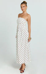 Polly Midi Dress - Strapless Ruched Dress in Red Polka Dot