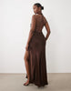 Bardot Sequin Cami Halter Neck Open Back Split Detail Maxi Dress In Chocolate