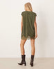 Cord V Neck Lace Trim Mini Shift Dress Washed Olive