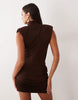 Ruched & Ready Sculpted High Neck Drape Front Mini Dress In Chocolate