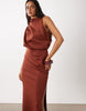 Draped Structured Midi Dress With Split In Brown Scuba-Style Fabric
