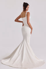 ivory satin button back bridal gown