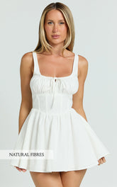 Keegan Mini Dress - Ruched Bust Front Tie Gathered Skirt Dress in White