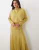 Chiffon Shirred Waist Panel Godet Maxi Dress In Olive Green