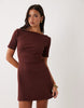 Rib Slash Neck Shoulder Seam Mini Dress In Chocolate