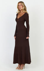 Maris Midi Dress - Keyhole and Hardware Neckline Long Sleeve Flared Dress in Choc