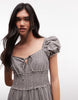 Daisy Street Puff Sleeve Tiered Midaxi Dress With Tie Bust In Grey Check