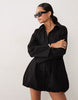 Wide Cuff Shirt Mini Dress With Bubble Hem In Black