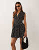 Short Sleeve Cinched In Waist Mini Dress In Black And White Polka Dot Print
