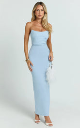 Pietra Midi Dress - Strapless Side Seam Tucks Fitted Dress in Soft Blue