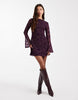 Flocked Floral Mini Dress With Flute Sleeve In Fig