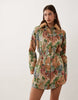 Cinched Shirt Mini Dress With Detachable Fur Collar In Floral Tapestry