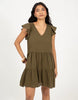 Brave Soul Frill Sleeve V-Neck Tiered Mini Dress In Khaki
