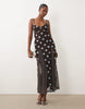 Mix Polka Dot Scarf Detail Midi Dress Blue And Brown