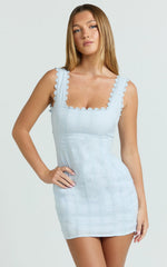 Sylvia Mini Dress - Square Neck Lace Trim A Line Mini Dress in Blue