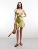 Reclaimed Vintage Satin Mini Tea Dress With Contrast Lace Inserts In Pistachio