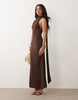 Scarf Detail Maxi Dress With Plunge Back In Chocolate Brown