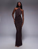 Mesh Twist Bust Detail Halter Maxi With Tie Back Neck In Chocolate