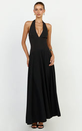 Poppy Maxi Dress - Contrast Skirt Deep Plunge Halter Dress in Black