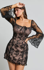Agatha Mini Dress - Gathered Bust Long Sleeve A Line Dress in Black