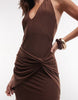 Floor Length Maxi Dress With Drop Waist Twist In Chocolate