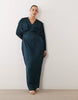 Tfnc Plus Satin Plunge Neck Kimono Sleeve Maxi Dress In Navy
