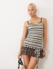 Tiger Mist Celia Strappy Lace Hem Tie Waist Detail Mini Dress In Chocolate And Green Stripe