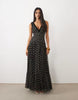 Lace & Beads Tulle Velvet Trim Plunge Neck Tiered Maxi Dress In Black Polka Dot