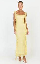 Rosha Midi Dress - Ruffle Strap Dress in Butter
