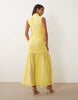 Ruched Drop Waist Circle Dress With Grown In Neck In Lemon