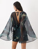 High Neck Drape Front Extreme Cape Sleeve Mini Dress In Blue Grey Abstract