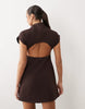 High Neck Grown On Sleeve Bonded Crepe Mini Dress In Chocolate