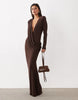Shoulder Pad Slinky Maxi Dress With Sweeping Drape Detail In Chocolate