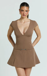 Steph Mini Dress - V Neck Cap Sleeve Pleat Skirt Dress in Chocolate