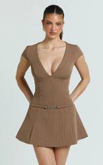 Steph Mini Dress - V Neck Cap Sleeve Pleat Skirt Dress in Chocolate