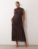 Curve Ruched Drop Waist Mesh Midi Dress In Chocolate