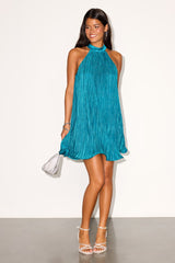 Vaivah Teal Satin Plisse Mock Neck Swing Mini Dress