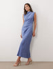 Satin High Neck Pleated Bodice Midi Dress In Blue