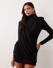 Ruched & Ready On My Level Sculpted Drape Front Mini Dress In Black