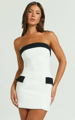 Terry Mini Dress - Straight Neck Contrast Trims Fitted Dress in White