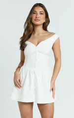 Adelaide Mini Dress - Off Shoulder Button Front Fit And Flare Dress in White