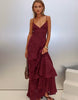 Princess Polly Lyricah Textured Devore Tiered Drape Cami Tie Back Detail Maxi Dress In Burgundy