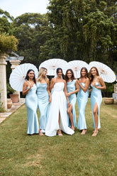 123 PROM The Opal One Shoulder Satin Maxi Dress Blue