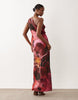 One Shoulder Satin Maxi Dress With Pleat Detail In Red Floral Print
